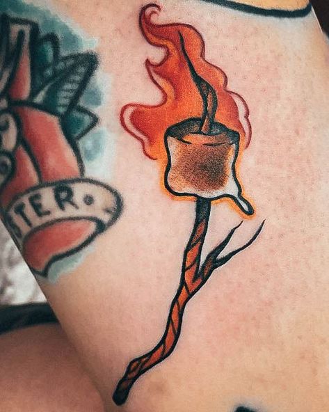 Beignet Tattoo, S’more Tattoo, S’mores Tattoo, Smores Tattoo, Marshmallow Tattoo, Bizarre Tattoos, Camping Tattoo Ideas, Trippy Tattoo Designs, Desert Tattoo