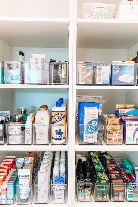 Organization Bathroom Cabinet, Hair Care Organization Bathroom, Built In Linen Closet Bathroom With Hamper, Deep Bathroom Cabinet Organization, Organized Bathroom, Kids Bathroom Organization, Bathroom Closet Organization, Medicine Cabinet Organization, Medicine Organization