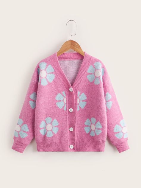 SHEIN Girls Floral Pattern Button Front Cardigan Cardigan Styles, Clothes Embroidery, Clothes Embroidery Diy, Kids Cardigans, Embroidery Diy, Cardigan Design, Embroidery On Clothes, Button Front Cardigan, Cardigan Fashion