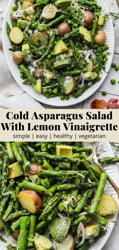 This cold asparagus salad recipe is made with potatoes, avocado, parmesan, and a simple lemon vinaigrette dressing. It’s such an easy, nutritious salad perfect for spring and summer! Avocado Asparagus Salad, Asparagus In Salad, Broccoli Asparagus Salad, Summer Asparagus Recipes, Spring Salad Dressing Recipes, Asparagus Recipes Salad, Vegan Cold Salad, Raw Asparagus Recipes, Fresh Italian Recipes