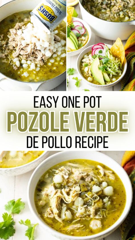 Discover how to make pozole verde de pollo at home with this flavorful recipe. This pozole verde de pollo video recipe shows you how to blend fresh ingredients like tomatillos, cilantro, and jalapenos for a rich, authentic taste. Follow along to create a bowl of traditional pozole verde de pollo mexicano with a deliciously bold flavor that everyone will love. Green Pozole Crockpot Recipe, Chicken Verde Posole Recipe, Pork Pozole Verde Recipe, Easy Green Posole Recipe, Posole Recipe Chicken Verde, Instant Pot Posole Chicken, Turkey Posole Soup Recipes, Pozole Verde De Pollo (green Mexican Hominy And Chicken Soup), Chile Verde Posole Chicken