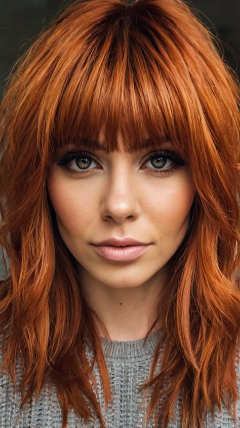 Ginger Makeup Edgy Copper Fringe Bold New Look Copper Blonde Hair With Bangs, Red Hair Fringe, Copper Hair With Bangs, Copper And Blonde, Makeup Edgy, Ginger Makeup, Copper Fringe, Copper Hair Color Ideas, Edgy Hair Color