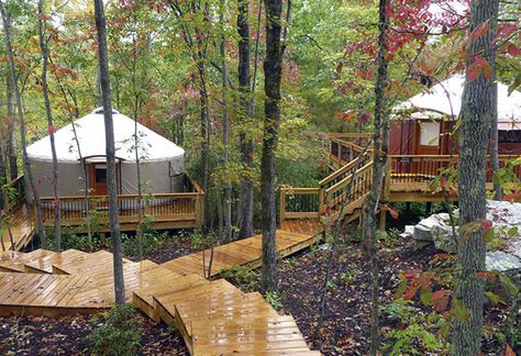 Yurt Village with nice wood deck patch. design yr own yurt Pacific Yurts, Luxury Tree Houses, Yurt Camping, Yurt Home, Yurt Living, How To Build A Log Cabin, A Frame Cabins, Cabin In The Woods, Yurt