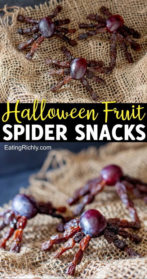 Grapes and raisins make perfect creepy crawly edible spiders for a healthy Halloween snack! This is a wonderful edible craft for kids, and perfect for Preschoolers. #halloween #halloweenfood #halloweenrecipes #healthyhalloween #nobake #halloweendessert #holiday #halloweenfoodideas #cutefood #healthytreats #healthydesserts #preschoolactivities #preschoolsnack #preschoolhalloween Fruit Spider, Halloween Grapes Treats, Spider Party, Spider Themed Food, Spider Snacks, Halloween Snacks Fruit, Halloween Spiders Food, Edible Spiders, Healthy Halloween Snacks For Kids