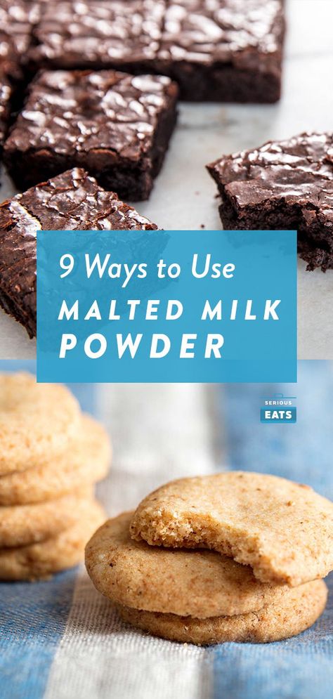 9 Delicious Reasons to Stock Your Pantry With Malted Milk Powder | Malted Milk Powder is one of our favorite secret ingredients. The mixture of wheat flour, malted barley extracts, and milk adds a layer of nutty, rich, butterscotch-like flavor to all sorts of sweets. And because of the lactose it contains, malted milk powder helps baked goods brown evenly. In other words, malted milk powder can do no wrong, and these nine recipes prove our point. #bakinghack Malted Milk Powder Recipes Baking, Powdered Milk Recipes Baking, Malted Milk Recipes Desserts, Dried Milk Powder Recipes, Recipes With Milk Powder, Malted Milk Powder, Malted Milk Brownies, Malt Powder, Recipes Using Milk Powder