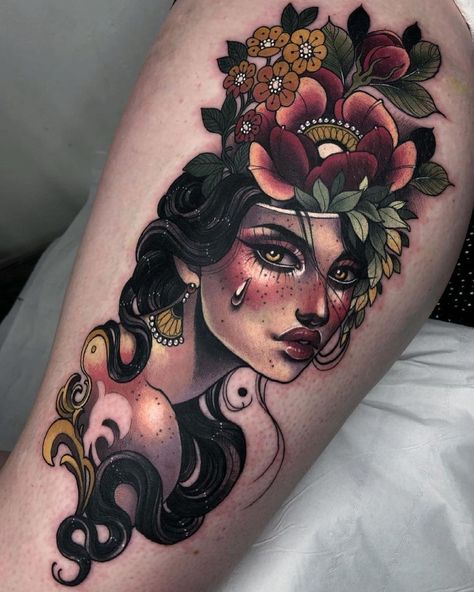 Neo Traditional Animal Tattoo, Neo Traditional Tattoo Art, Traditional Tattoo Woman Face, Traditional Animal Tattoo, Neo Traditional Tattoos, Traditional Tattoo Woman, Mujeres Tattoo, Mother Nature Tattoos, Goddess Tattoo