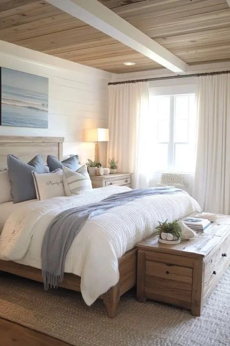 Coastal Bedroom Decorating for Beginners | 5 Must-Have Items - Blog by Cavelights Coastal Modern Bedroom, Decorating For Beginners, Costal Bedroom, Winter Bedroom Decor, Beach Inspired Decor, Coastal Bedroom Decorating, Summer Bedroom, Sunroom Decorating, Beach Canvas Wall Art