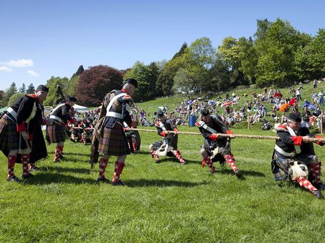 Members of the Atholl Highlanders -- Europe’s only legal private army -- participate in the Open Tug O' War at the Atholl Gathering at Blair Castle in Perthshire, Scotland. The earliest recorded highland games were held during the reign of Malcolm Canmore, King of Scotland nearly 1,000 years ago. The Capt & I toured the stately Blair Castle October 2014. Scottish Highland Games, Blair Castle, England Aesthetic, Scottish Culture, Highland Games, Scotland Highlands, Men In Kilts, England And Scotland, Scotland Travel