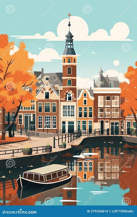 Generative AI Amsterdam traditional houses view with bridge, canal and boat, old city center. Vector illustration, flat design template Canal Illustration, Amsterdam Illustration, Traditional Houses, Portfolio Inspiration, House Viewing, Canal Boat, Old City, Flat Design, Old House