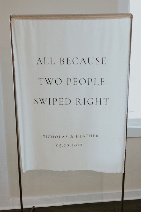 Dating app wedding sign “All because two people swiped right” Hinge Themed Wedding, Thanks Bumble Wedding Sign, Tinder Tattoo Ideas, Bumble Themed Wedding, Bumble Wedding Sign, Tinder Themed Engagement Party, Tinder Bridal Shower Theme, Hinge Dating App Wedding Ideas, Tinder Engagement Party