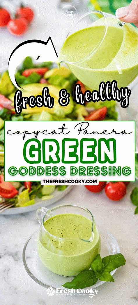 Craving the refreshing taste of Panera's Green Goddess dressing? Now you can enjoy it from the comfort of your own home with this simple copycat recipe! Packed with nutritious ingredients like avocado, parsley, and garlic, this dressing is a tasty and healthy addition to any salad. Recipe via @thefreshcooky #copycatrecipe #Panera #greengoddessdressing #saladdressing Sage Salad Dressing, Simple Green Goddess Dressing, Basil Green Goddess Dressing, Low Calorie Green Goddess Dressing, Green Goddess Dressing Panera, Green Goddess Salad Dressing Recipe, Basil Salad Dressing Recipes, Keto Green Goddess Dressing, Green Goddess Dressing Recipe Healthy