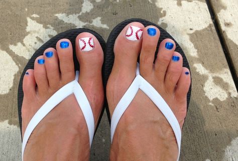 Cooperstown toes :) Baseball Pedicure Ideas, Braves Nails Atlanta, Baseball Pedicure, Baseball Toe Nail Designs, Atlanta Braves Nails, Baseball Toenails, Red And Blue Baseball Nails, Baseball Nails Atlanta Braves, Cooperstown Dreams Park