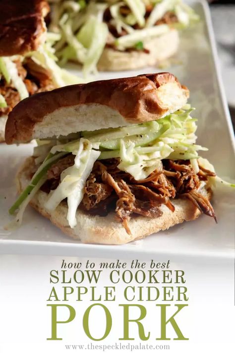 Pork and apples are an age-old combination... and Apple Cider Pulled Pork with Apple Cabbage Slaw is the perfect entree for any gathering or meal. #easyentertaining #weeknightdinner #speckledpalate Slaw For Pulled Pork, Apple Cabbage Slaw, Cider Pulled Pork, Apple Cider Pulled Pork, Pork And Apples, Apple Cabbage, Apple Cider Pork, Slow Cooker Apple Cider, Apple Coleslaw