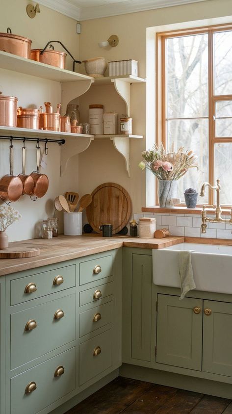 Create a cozy kitchen cottage environment with these design ideas that make the most of every inch of your small cottage kitchen. Perfect for small sp... Tudor Cottage Kitchen, Dinette Ideas Kitchen, English Cottage Kitchen Ideas, Cozy Kitchen Cottage, Colorful Cottage Interiors, English Cottagecore, Small Cottage Kitchen Ideas, 1950s Cottage, Cottage Kitchen Shelves