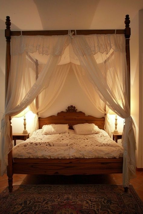 Brown Canopy Bed, Canopy Bed Ideas For Adults, Wooden Canopy Bed, Canopy Bed Ideas, Swedish Blue, Yard Furniture, Intimate Space, A Frame House Plans, Scandinavian Bedroom