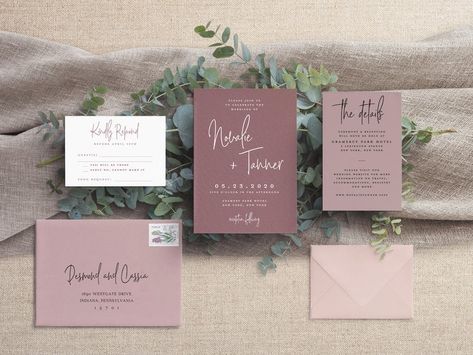 2021 Wedding color Mauve and Dusty Rose inspired simple wedding invitation suite - Novalie! Shop Now: https://www.etsy.com/shop/WhiteLaceDesign #whitelacebridal #whitelacedesign #weddinginvite #weddinginvitation #floralinvitation #weddingwire #theknot #pittsburghbride #burghbride #indianapa Unique Wedding Invitations Elegant, Mauve Wedding Invitations, Mountain Wedding Invitations, Simple Wedding Invitation, Mauve Wedding, Burgundy Wedding Invitations, Rose Wedding Invitations, Dusty Rose Wedding, Modern Wedding Invitation