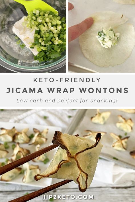 Our keto wontons use jicama wraps in place of the traditional wonton wrapper but have a cream cheese & green onion filling that tastes just like the original! #keto #ketorecipes #wontons #ketowontons #ketosnacks #jicamawraps #jicamaerecipes Keto Jicama Recipes, Low Carb Wonton Wrapper Recipes, Keto Wonton Wrapper Recipes, Jicama Wrap Ideas, Keto Wonton Wrappers, Jicama Wraps Recipe, Keto Wonton, Keto Asian Recipes, Jimaca Recipes