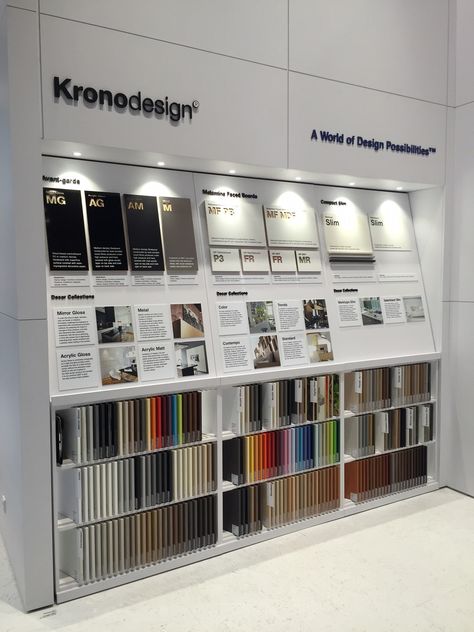 Variety of materials and some brand new products for our #EuroShop exhibition stand.   #Kronospan #Kronodesign #Trends1617 #Trends1415 #MFPB #Euroshop2017 #Dusseldorf #Germany #retail #retaildesign #design #architecture Kitchen Showroom Design, Showroom Design Ideas, Material Exhibition, Design Center Showroom, Kitchen Design Showrooms, Showroom Inspiration, Design Studio Office, Dusseldorf Germany, Showroom Display