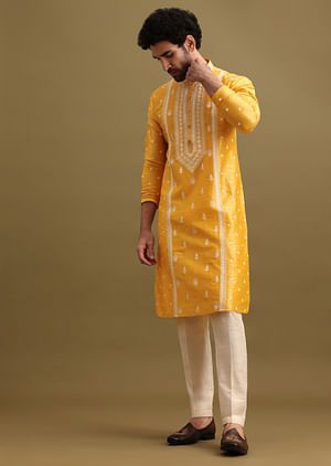 Mustard Yellow Silk Kurta Set In Resham Work For Men Haldi Outfits For Men Yellow, Haldi Outfit For Men, Yellow Kurta Men, Haldi Kurta For Men, Silk Kurta Set, Yellow Kurta, Haldi Outfits, Haldi Outfit, Kurta Set For Men