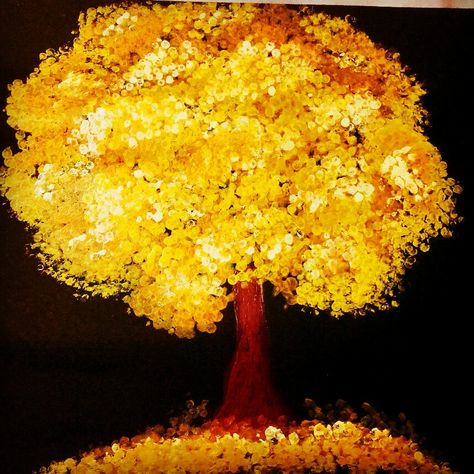 Drawing With Ear Buds, Ear Buds Painting, Tree Acrylic Painting, Jay Lee, Easy Acrylic Painting, Boho Art Drawings, Golden Tree, Yellow Tree, Ear Buds