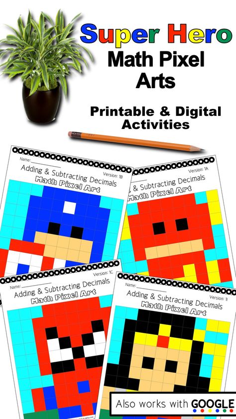 Super Hero Pixel Art Math Activities for Middle School Students.  Try our digital options to assign to your students via Google Drive or Google Classroom for Distance Learning. #Qwizy #mathteacher #teacherspayteachers #mathskills #OnlineLearning Superhero School Activities, Math Pixel Art, Super Hero Activities For Kids, Hero Pixel Art, Superhero Math Activities, Super Hero Classroom Theme, Steam Bins, Superhero Transformation, Geometry Transformations