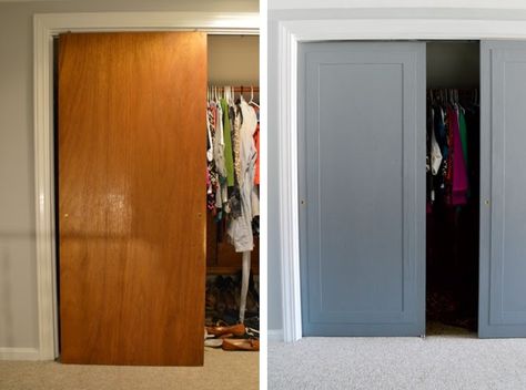 Closet Doors Before And After, Navy Closet Doors, Update Old Closet Doors, Makeover Sliding Closet Doors, Closet Door Molding, Paint Sliding Closet Doors, Update Old Sliding Closet Doors, Old Closet Makeover Before After, Hollow Core Sliding Closet Door Makeover