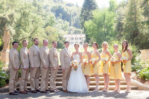 Tan Suits, Wedding Parties Colors, Party Colors, Backyard Picnic, Yellow Theme, Yellow Bridesmaid Dresses, Wedding 2025, Sunset Wedding, Event Planning Design