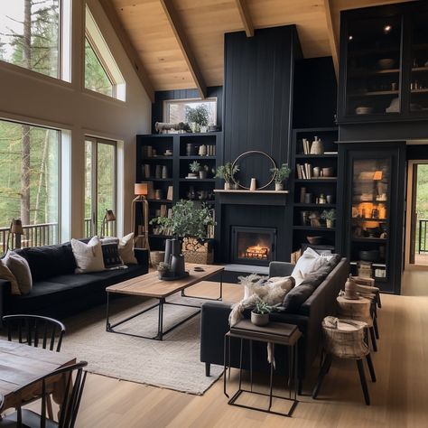 Gothic Farmhouse Living Room, Moody Farmhouse Decor, Country Industrial Decor, Black And Wood Living Room, Moody Farmhouse Living Room, Modern Rustic Decor Living Room, Room Template, Industrial Farmhouse Living Room, Modern Industrial Living Room