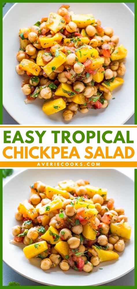 Salad For Parties, Mango Pineapple Salsa, Luau Party Food, 4th Of July Food, Chickpea Salad Recipe, Pineapple Salad, Easy Vegetable Side Dishes, Averie Cooks, Chickpea Salad Recipes