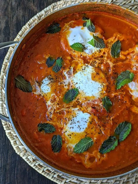 Moroccan Shakshuka – Moroccan Shakshuka is a simple and quick North African dish that combines eggs poached in a spicy, harissa-based sauce; serve this healthy meal any time of the … The post Moroccan Shakshuka appeared first on Jamil Ghar. How To Make Shakshuka, North African Food, Cucumber Tomato Avocado Salad, Shakshuka Recipes, Marinated Olives, Quick Dishes, Warm Salad, Spicy Tomato Sauce, How To Peel Tomatoes