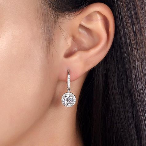 1.5 Carat Created Diamond Dangle Earrings Diamond Drop Earrings Simple, Silver Wedding Anniversary Gift, Earring Bridal, Earrings Dangle Simple, Round Dangle Earrings, Wedding Bridesmaid Jewelry, Jewelry Details, Halo Earrings, Diamond Dangle Earrings