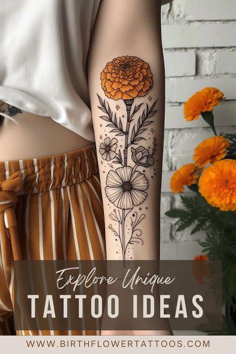 🌸✨Marigold and Cosmos Tattoo: A Beautiful Floral Symbolism✨🌹 Marigold And Cosmos Tattoo, Tattoo October, Marigold And Cosmos, October Birth Flower Tattoo, Name Flower Tattoo, Marigold Tattoo, Cosmos Tattoo, October Birth Flower, October Birth Flowers