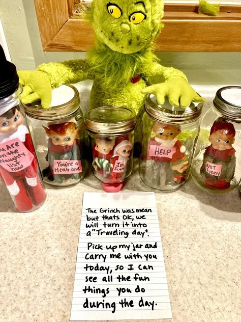 Easy Messy Elf On The Shelf Ideas, Elf On A Shelf Grinch Ideas, Elf On The Shelf Ideas Day 1 Funny, Elf On The Shelf Take Me With You Jar, Elf Travel Jar, Elf Vs Grinch Ideas, Grinch And Elf On The Shelf Funny, Outrageous Elf On The Shelf Ideas, Elf On The Shelf And The Grinch