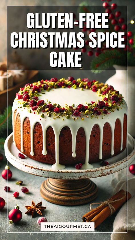 This Gluten-Free Christmas Spice Cake brings together warm holiday spices, a soft, tender crumb, and the rich flavor of almond flour from Bob’s Red Mill.  Perfect for sharing, this cake is topped with a simple glaze and sprinkled with dried cranberries and crushed pistachios for a festive touch. #christmasbaking #holidaybaking #glutenfreecake Gluten Free Spiced Cake, Gluten Cake Recipes, Almond Christmas Cake, Gluten Free Holiday Desserts Christmas, Christmas Cake Gluten Free, Gluten Free Yule Log Cake, Gluten Free Xmas Cake, Gluten Free Spice Cake, Gluten Free Christmas Cake Recipe