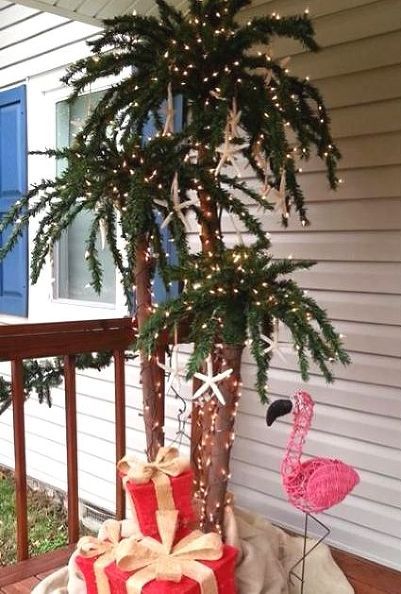 coastal christmas trees beach christmas trees reader submissions, seasonal holiday d cor, Outdoor palm Christmas tree with lights flamingo and gifts By Beth Walker Dobbins Tropical Xmas, Island Christmas, 21 Party, Beach Christmas Trees, Aqua Christmas, Beach Christmas Decorations, Palm Tree Decorations, Christmas Palm Tree, Hawaii Christmas