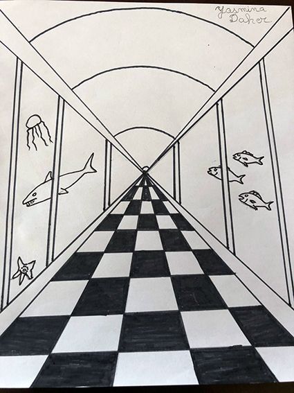 Surrealism Perspective Drawing, Linear Perspective Drawing Ideas, Illusion Of Depth Art, Perspective Art Easy, One Point Perspective Easy, Linear Perspective Drawing Easy, One Point Perspective Drawing Ideas, Birdseye View Drawing, 2 Perspective Drawing