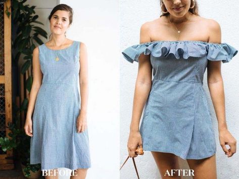 Before & After: Turn a Shift Dress into Ruffle Shoulder Dress | a pair & a spare | Bloglovin’ Sewing Clothes Refashion, Ruffle Shoulder Dress, Thrift Store Fashion, Clothes Upcycle, Diy Clothes Refashion, Thrift Store Refashion, Upcycle Clothes Diy, Sewing Projects Clothes, Trendy Sewing