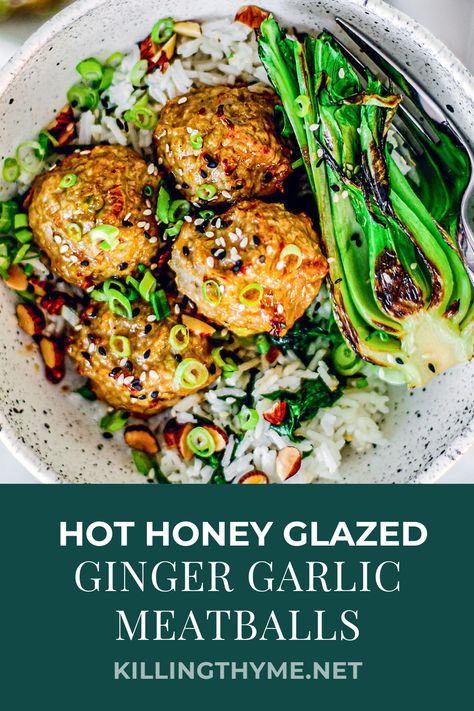 A great weeknight meal, these yummy baked turkey ginger garlic meatballs are tossed in a lip-smacking hot honey glaze everyone will love! #turkeymeatballs #turkey #meatballs #bakedmeatballs #easydinner #Asian #garlic #ginger #hearthealthy #honey Hot Honey Meatballs, Ginger Turkey Meatballs, Oven Meatballs, Garlic Meatballs, Turkey Meatballs Baked, Turkey Glaze, Baked Turkey, Turkey Dishes, Hot Honey