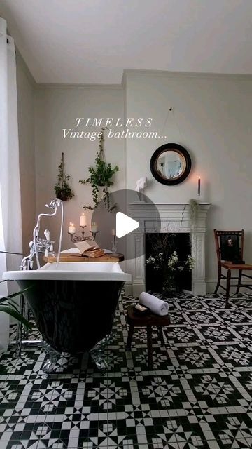 Carla Isolano on Instagram: "Timeless Vintage Bathroom...🛁🚿 Created with... Classic white metro wall tiles Black and white mosaic style floor tiles Chrome timeless fittings A black roll top bath And finished with a sprinkling of second hand vintage finds... That's my recipe for a timeless bathroom 😍 and black and white is such an easy livable combo too 🖤 The only thing I'd change is my shower enclosure, I'd definitely go enclosed and possibly a black frame too 😍🚿 Happy Sunday my lovelies 😘 ❤️ #vintagebathroom #classicbathroom #victorianbathroom #victorianhome #bathroomtour #bathroomstyling #bathroomdecor #rolltopbath #burlingtonbathrooms" Tiles Black And White, Black And White Mosaic, Victorian Floor Tiles, Timeless Bathroom, White Victorian, Console Sink, White Subway Tiles, Victorian Bathroom, Roll Top Bath