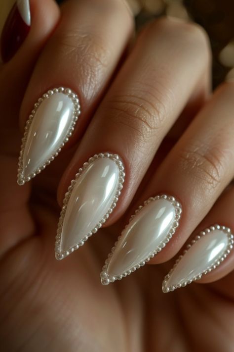 Pearl Nails Inspiration, Bridal Nails Pearl Accent, Navy Blue And Pearl Nails, Wedding Nails For Bride French, Black And Pearl Nails, Pearl Design Nails, Pearl Inspired Nails, Pearl Gem Nails, Black Nails With Pearls