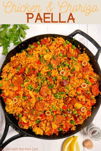 This chicken and chorizo paella is made in a cast iron skillet to get that delicious crispy rice on the bottom. Filled with vegetables and aromatics, this one skillet paella is perfect for feeding the family. #paella #skilletpaella #castironpaella #chickenpaella #chorizopaella #chicken #chorizo Chicken And Chorizo Paella Recipe, Chorizo Paella Recipe, Chicken And Chorizo Paella, Chorizo Paella, Easy Paella, Chicken Paella, Chicken And Chorizo, Cast Iron Chicken, Chicken Chorizo