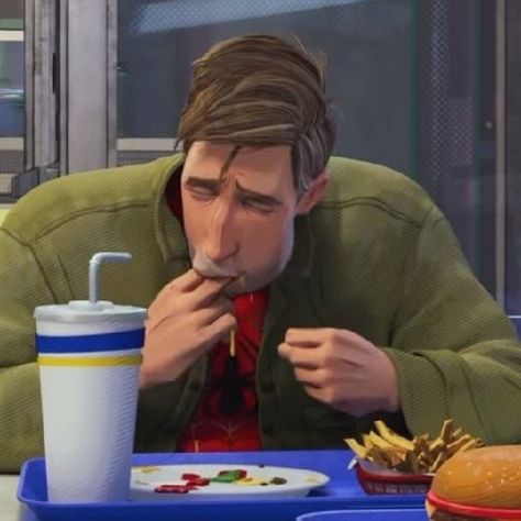 Peter Parker Reaction Pic, Peter Parker Eating Burger Spiderverse, Spiderman Eating Burger, Peter B Parker Eating Burger, Peter Parker Across The Spiderverse, Spiderverse Reaction Pic, Peter B Parker Pfp, Miles Morales Reaction Pic, Spider Man Eating