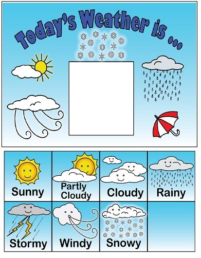 Observe and keep track of the weather each day with this fun chart. Kindergarten Weather Chart, Todays Weather Is Free Printable, Homeschool Weather Chart, Free Printable Weather Chart Preschool, Weather Charts, Seasons Chart, Weather Forecast For Kids, Types Of Weather, Weather Like Today