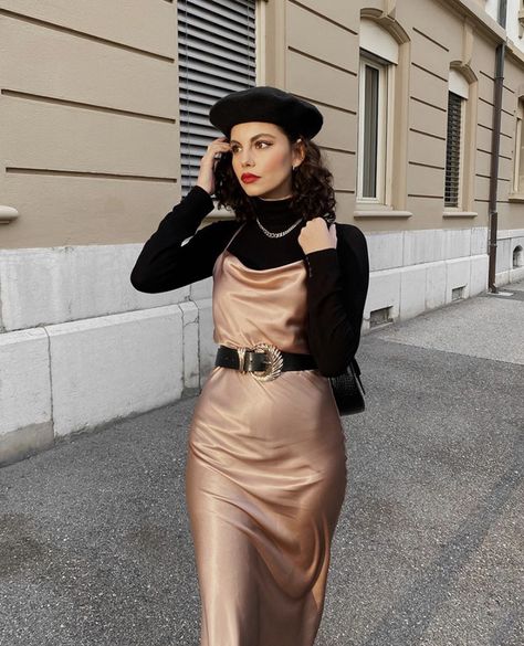 Turtle Neck Under Dress, Slip Dress Outfit Winter, Silk Dresses Outfit, Slip Dress Outfit, Winter Styling, Winter Dress Outfits, Effortlessly Chic Outfits, Europe Fashion, Silky Dress