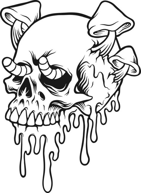 Psychedelic skull mushrooms melted colorful monochrome Tattoo Art Drawings Dark, Drippy Drawing Ideas, Mushroom Skull Drawing, Trippy Drawings Mushrooms, Cool Sketches Trippy, Trippy Tattoo Stencil, Trippy Outline Drawings, Scary Mushroom Drawing, Drippy Skull Drawing