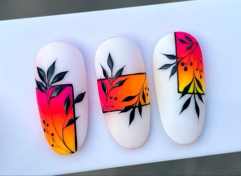 Neon Pigment Nail Art, Neon Ombre Nails, Nails With Leaves, Pigment Nail Art, Silhouette Nails, Summer Nails 2023, Neon Nail Art, Quick Nail Art, Cute Summer Nail Designs