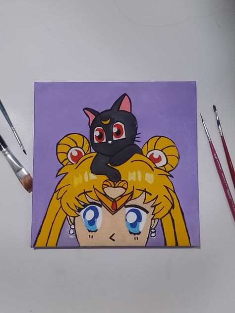 Sailor Moon Painting Easy, Sailor Moon Acrylic Painting, Sailor Moon Painting, 90s Cartoon Canvas Painting, Pokemon Painting, Bear Paintings, Kitty Drawing, Hello Kitty Drawing, Moon Painting