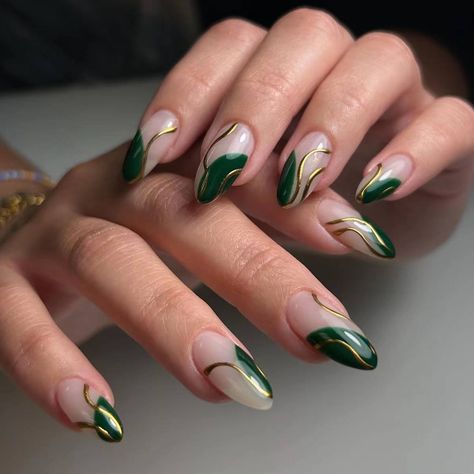 New Arrivals Women Medium Water Droplet French Green Gold Wire Color Blocking Full Coverage Wearable Green Almond Nail Designs, Green Graduation Nails, Green And Gold Almond Nails, Green Elegant Nails, Green And Gold Nails Ideas, Emerald Green Acrylic Nail Designs, Nails With Green, Line Pattern Design, French Almond