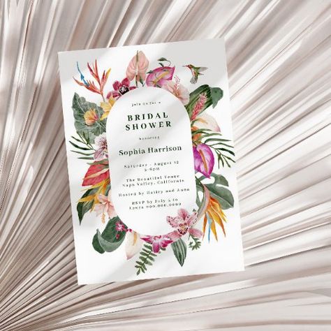 $2.04 | Tropical Floral Frame Bridal Shower Invitation - summer bridal shower, tropical floral bridal shower, hummingbird, pink yellow green, bird of paradise, modern tropical, watercolor jungle greenery, qr code, colorful flowers, floral botanical frame Bridal Shower Tropical, Bird Of Paradise Wedding, Bohemian Invitation, Tropical Bridal Shower Invitations, Jungle Invitations, Botanical Frame, Paradise Wedding, Tropical Bridal Showers, Tropical Bridal