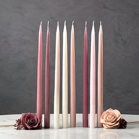 Colored Wax Tapered Candles in Various Colors- Rose, Magenta, Taupe, Ivory, White Desert Rose Wedding, Taper Candle Centerpiece, Wedding Shopping List, Pink Taper Candles, Old Rose Color, Mauve Beige, Dessert Rose, Colored Candles, Wedding Candles Table